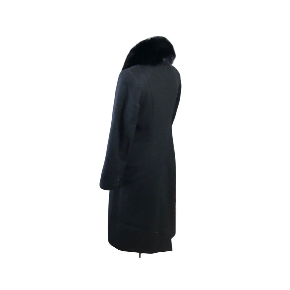 Sachi Coat Long Black Wool Cashmere Womens 2P Fox Fur Button Elegant Seams - Picture 12 of 16